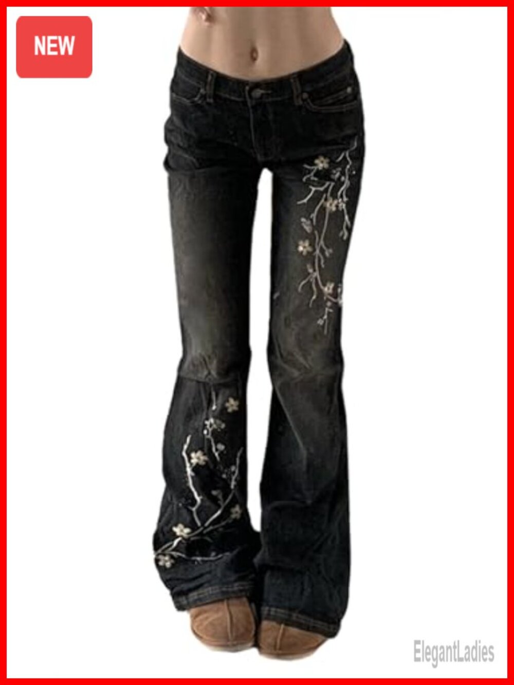 Women Bell Bottom Jeans Stretchy Flare Mid Rise Embroidery Vintage Denim Pants